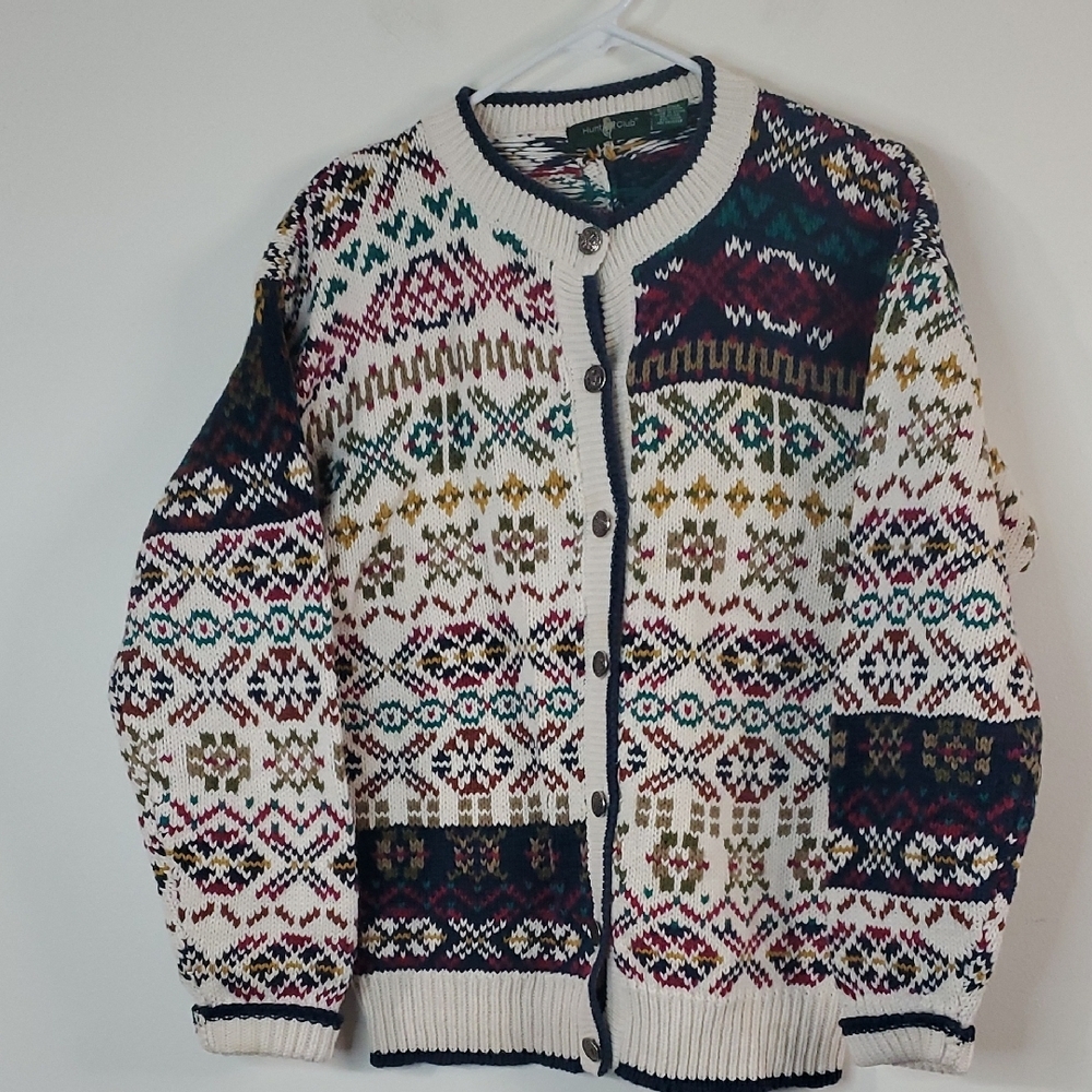 Vintage Hunt Club Womens Heavy Knit Mixed Print Grandpa Sweater Size Lg Cotton